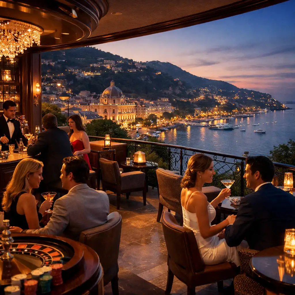 Bar et terrasse panoramique de casino avec vue sur le littoral