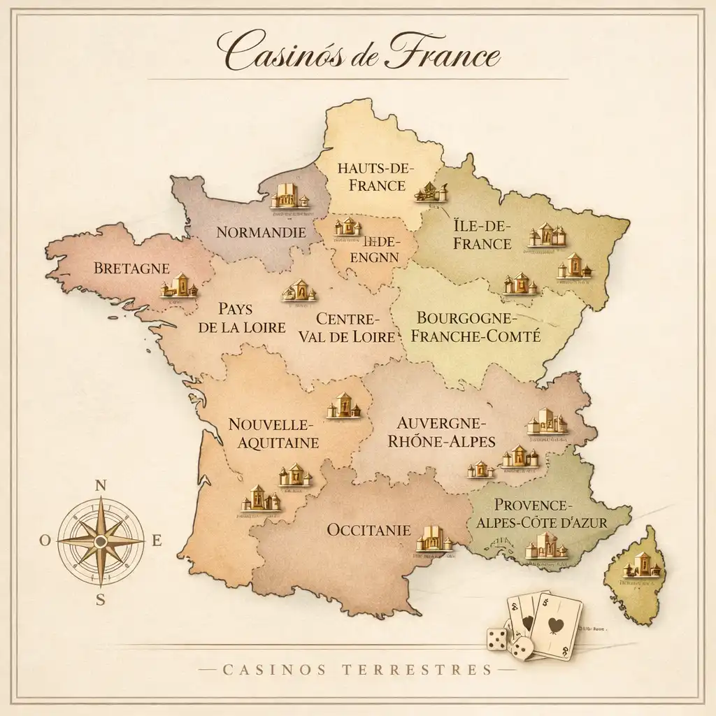 Carte stylisée de la France mettant en évidence les principales régions de casinos terrestres
