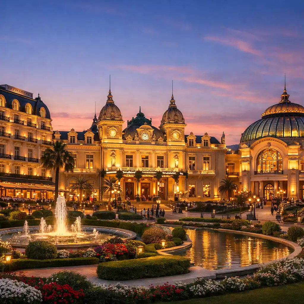 Façade illuminée d’un hôtel de casino français de style Belle Époque au crépuscule