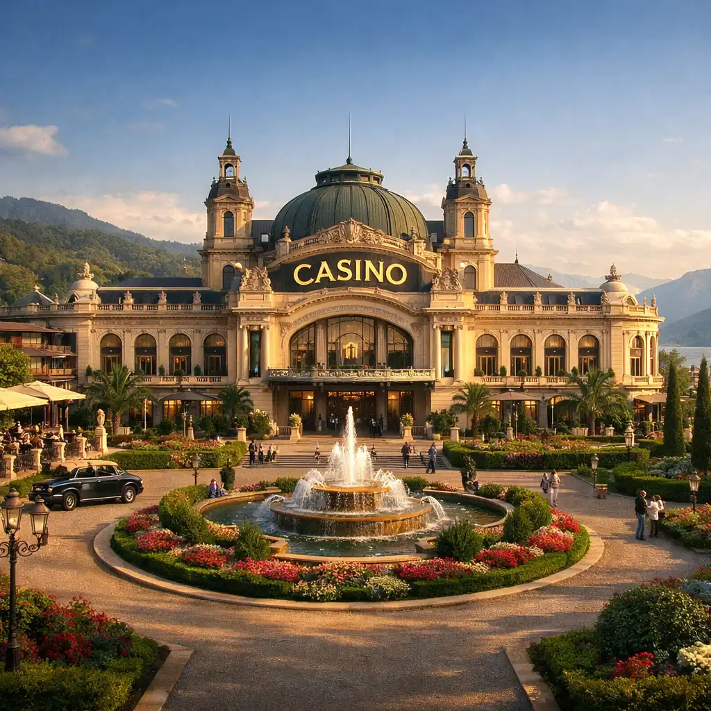 Panorama nocturne d'une façade de casino Belle Époque en bord de mer, représentant l'élégance des régions françaises