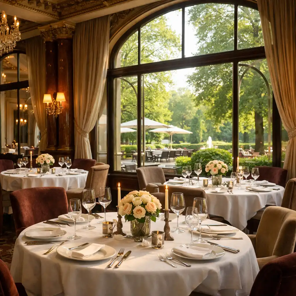 Salle de restaurant chic dans un casino français avec tables dressées et luminaires art déco