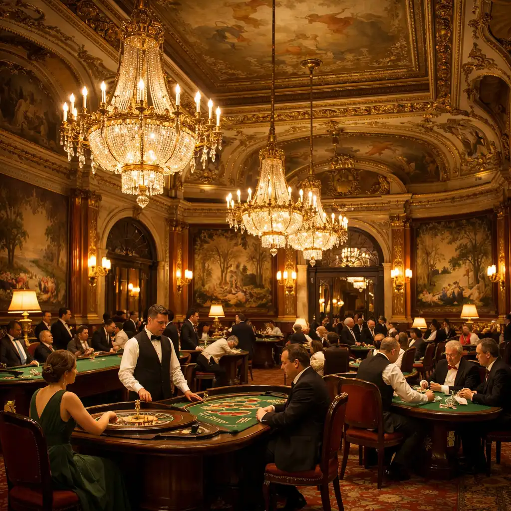 Grande salle de casino à la décoration Belle Époque avec plafonds ornés