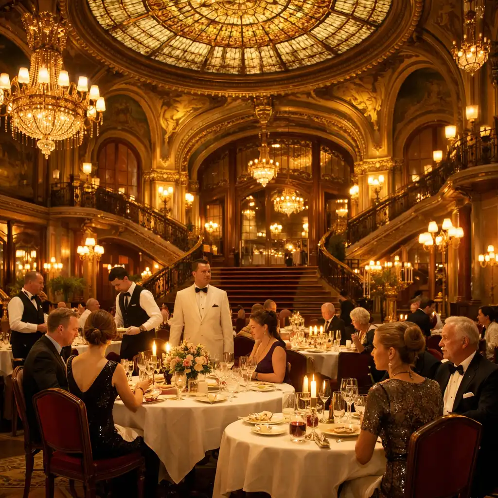 Salle de restaurant de casino à l'ambiance Belle Époque avec tables dressées